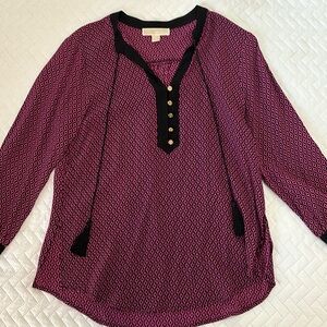 Michael Kors pink and black tassel blouse with gold accents
